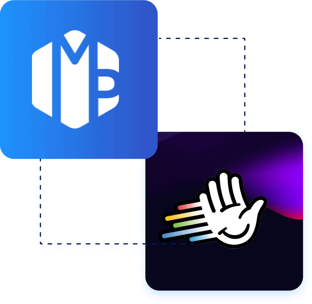 Une image abstraite composée de deux carrés dégradés bleu et noir avec un logo blanc dans chacun. Le logo supérieur ressemble à un « MB » stylisé et celui du bas est une main avec des lignes colorées.