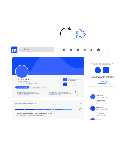 Illustration d'une configuration de profil LinkedIn avec des touches de bleu indiquant les détails du profil, les icônes et les éléments de mise en page. Une flèche pointe vers une icône en forme de pièce de puzzle.