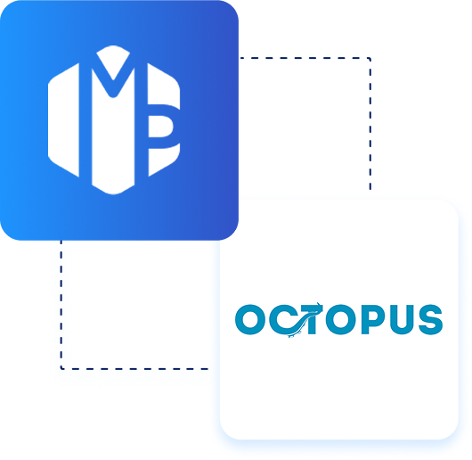 Deux logos : celui en haut à gauche présente les lettres stylisées « MBE » sur fond bleu, tandis que celui en bas à droite affiche le mot « OCTOPUS » avec une flèche intégrée dans la lettre « T ».