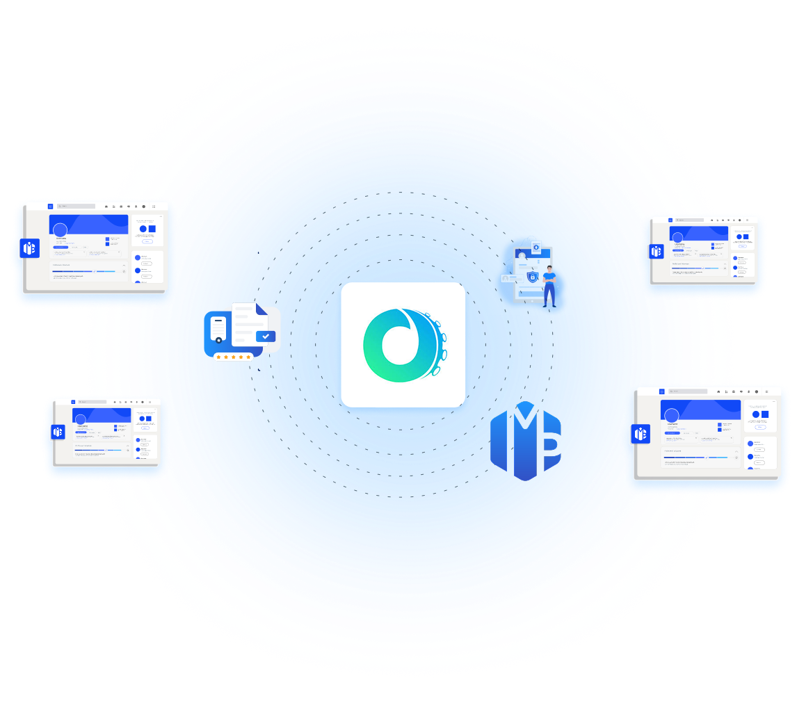 Un logo central est entouré d'écrans d'interface utilisateur, d'un serveur, d'un graphique de profil utilisateur et d'une icône de base de données, tous reliés par des lignes circulaires en pointillés sur un fond dégradé bleu.