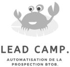 Logo avec un crabe souriant au-dessus du texte "LEAD CAMP. AUTOMATISATION DE LA PROSPECTION BTOB.