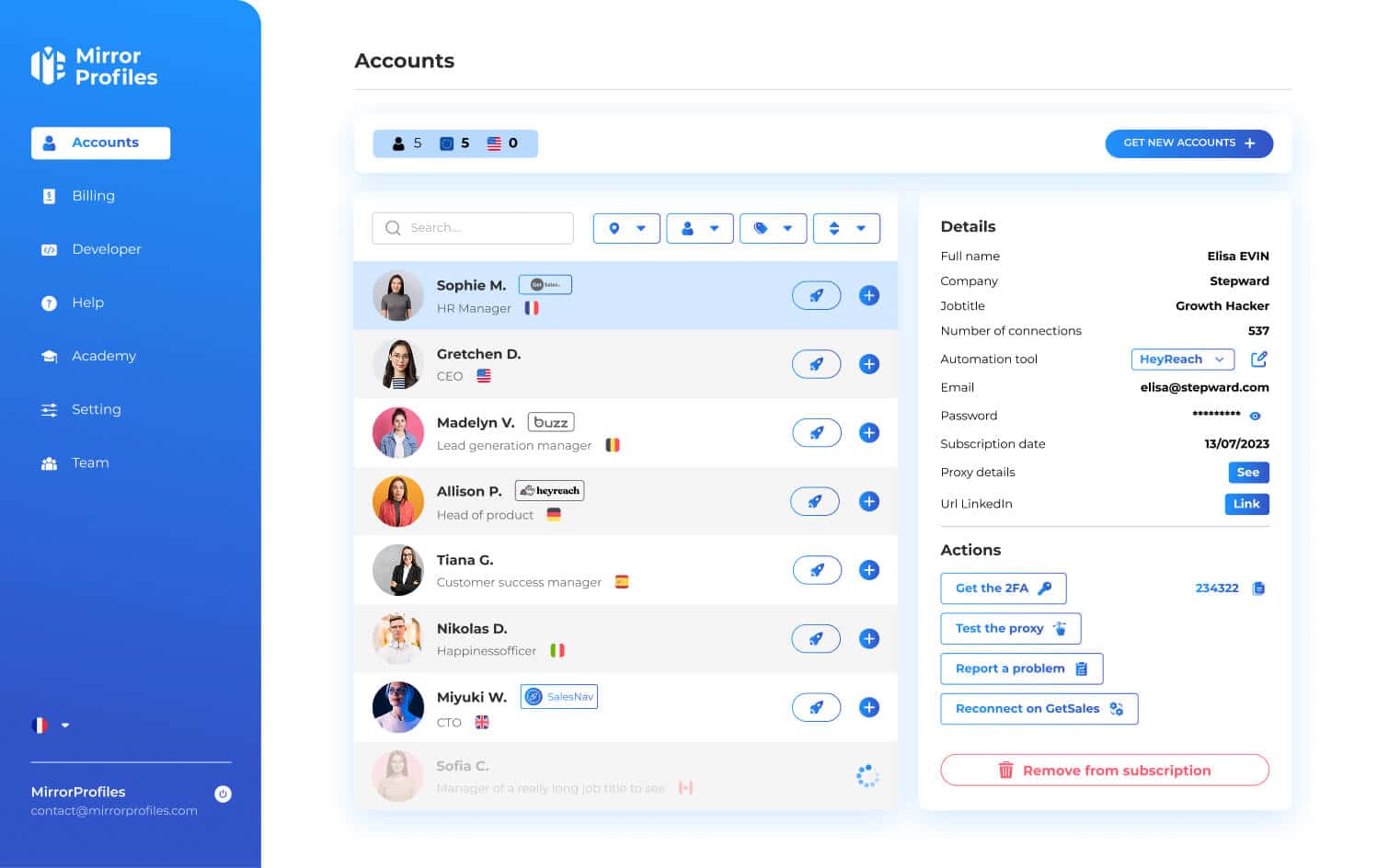Capture d'écran d'un tableau de bord de comptes d'utilisateurs montrant une liste de profils avec des détails, des actions et des informations sur le compte dans le panneau de droite.