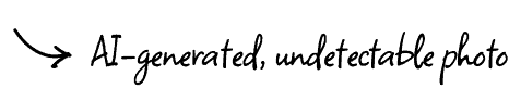 The handwritten French text reads "Photo générée IA indétectable" with an arrow pointing to the left. The background is white.