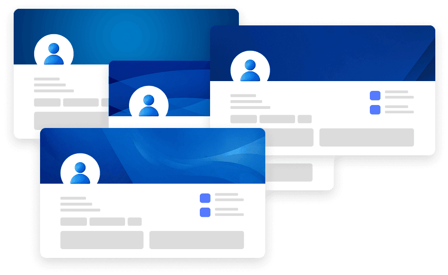 Quatre cartes de profil numérique abstraites sur le thème du bleu sont superposées, chacune comportant une icône d'utilisateur, des espaces réservés au texte et des éléments de conception graphique - des visuels parfaits pour les campagnes Linkedin d'Agences de prospection.