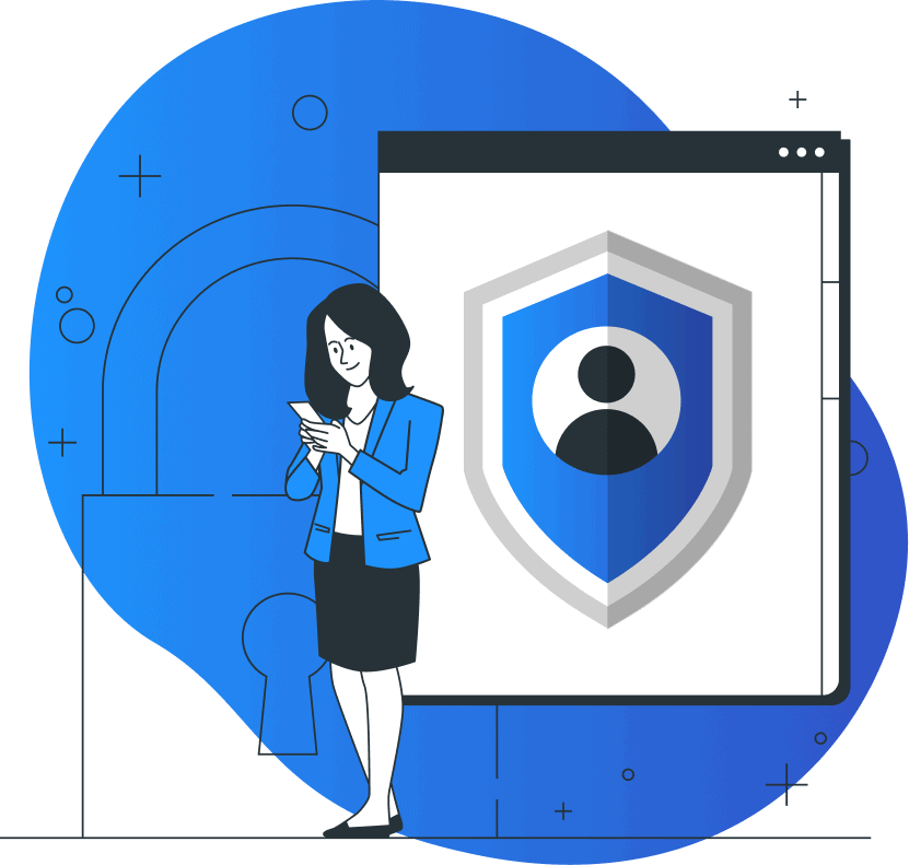 Illustration d'une femme utilisant un smartphone à côté d'un grand écran affichant un bouclier avec une icône d'utilisateur, symbolisant la sécurité numérique et la protection de la vie privée.