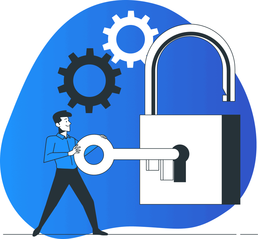Illustration d'une personne tenant une grande clé, déverrouillant un cadenas, avec deux engrenages en arrière-plan sur une forme abstraite bleue.