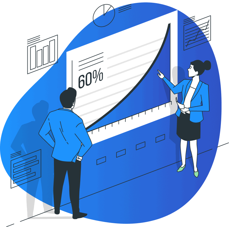 Deux personnes en tenue de travail analysent un grand graphique montrant une forte tendance à la hausse et une étiquette de 60 %, avec des tableaux et des diagrammes en arrière-plan.
