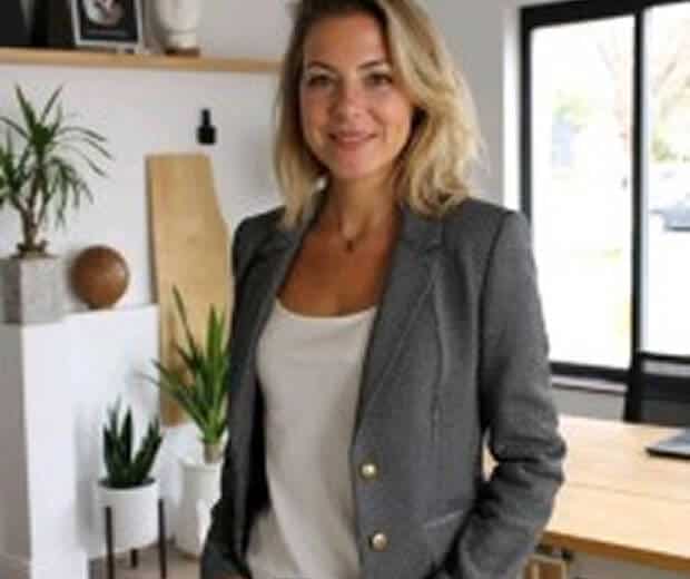Une femme aux cheveux blonds portant un blazer gris et un haut blanc se tient dans une pièce moderne et bien éclairée avec des plantes et une table en bois.