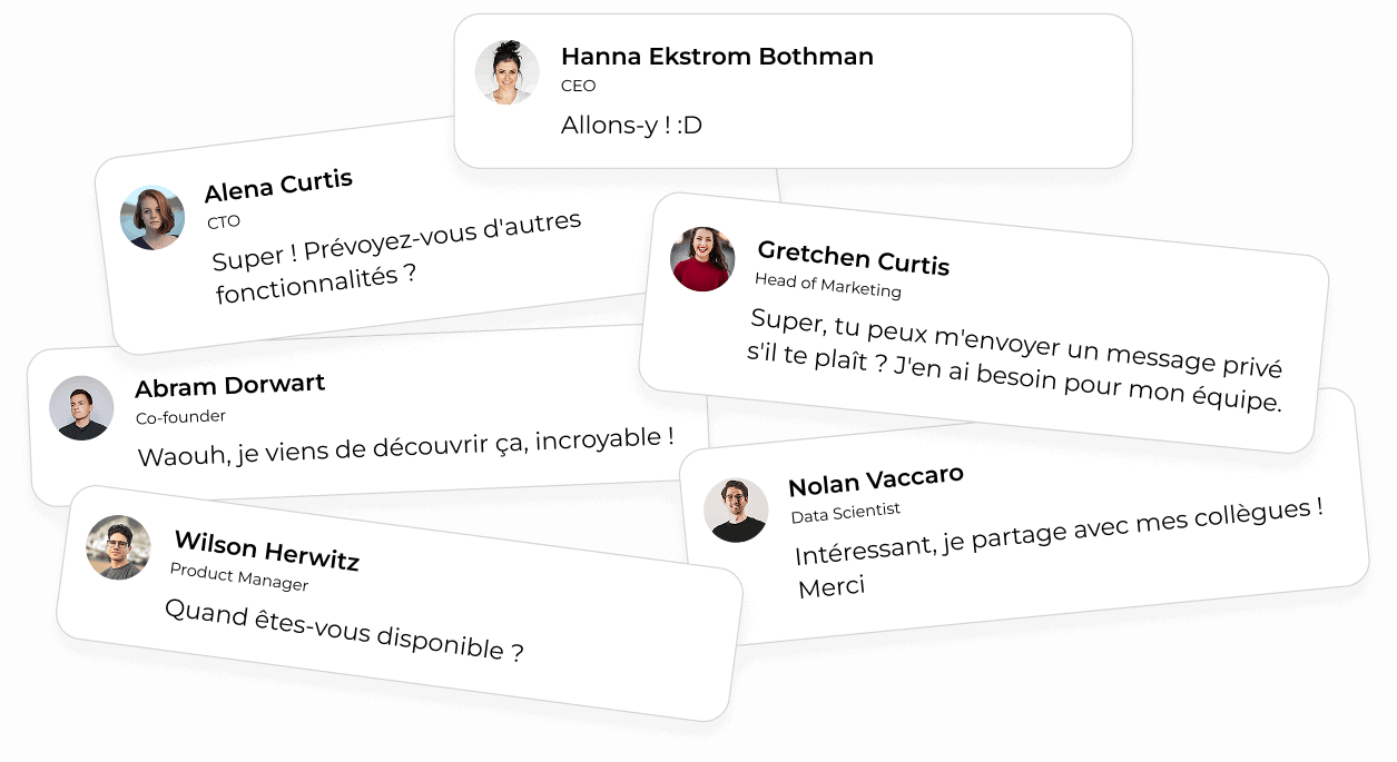 Six bulles de dialogue en français affichent des titres professionnels et des commentaires amicaux sur le travail entre les membres de l'équipe, notamment le PDG, le directeur technique, le responsable du marketing, le cofondateur et le chef de produit.