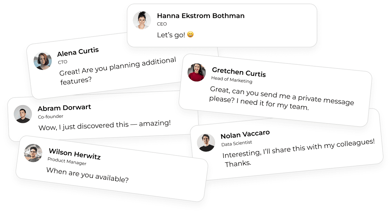 Six French dialogue bubbles display professional titles and friendly comments on work between team members, including the CEO, CTO, marketing manager, co-founder and product manager.