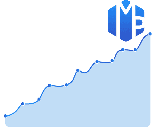 Un graphique en ligne ascendante avec des points de données, une zone ombrée sous la ligne et un logo bleu 
