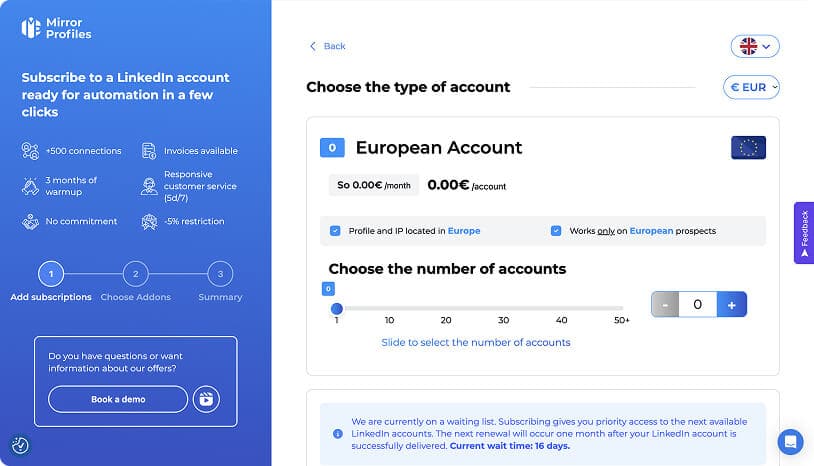 Capture d'écran d'une interface de site web permettant de sélectionner et de s'abonner à des comptes LinkedIn automatisés, avec des options pour le type de compte, le nombre de comptes et les détails de la tarification.
