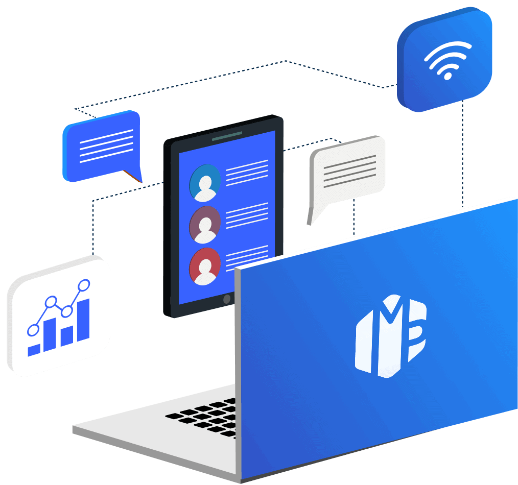 Illustration d'un ordinateur portable, d'une tablette et de diverses icônes numériques représentant la communication, l'analyse de données et la connectivité sans fil.