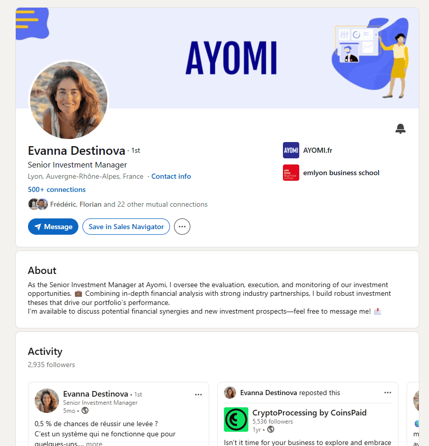 LinkedIn profile for Evanna Destinova, Senior Investment Manager at Ayomi, including profile photo, job summary, education, recent activity publications and purchase comments on LinkedIn accounts.
