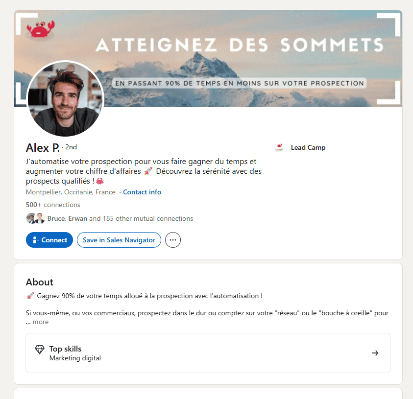 Alex P.'s LinkedIn profile, including a banner with motivational text, profile photo, summary, location and list of professional skills - ideal for those interested in purchasing linkedin accounts.